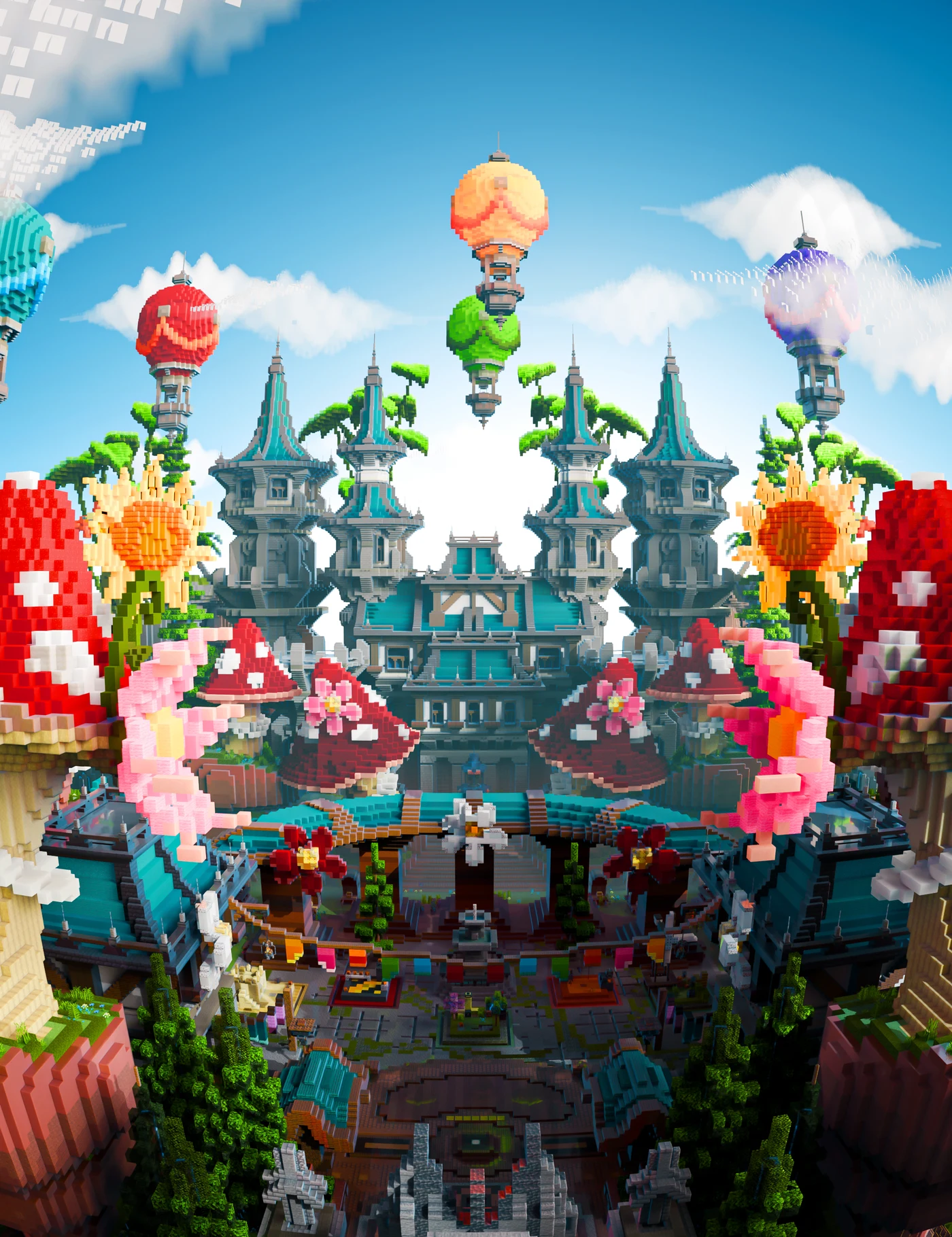 Minecraft palace with colorful hot air balloons by PixelFrameStudio